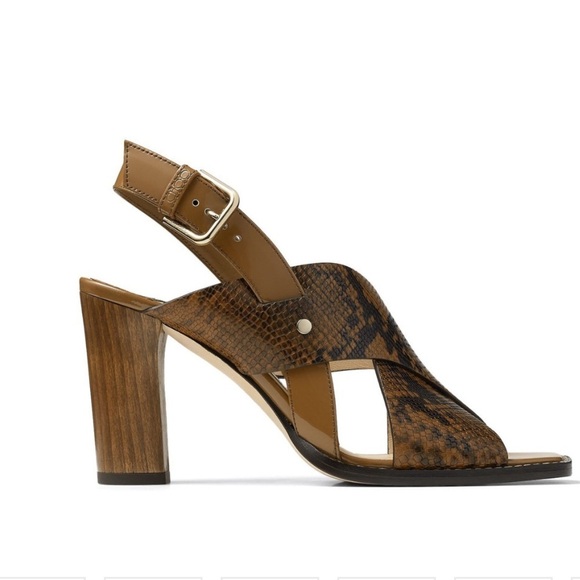 Jimmy Choo Shoes - NWT Jimmy Choo Aix 85 Snake Printed Leather Sandals in Cuoio, Size 35.5